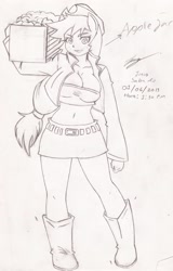 Size: 1949x3052 | Tagged: safe, artist:inkajesanra, applejack, anthro, apple, applerack, belly button, belt, boots, breasts, cleavage, clothes, cowboy hat, crate, female, food, hat, jacket, midriff, miniskirt, monochrome, simple background, skirt, smiling, solo, stetson, traditional art