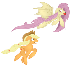 Size: 1024x893 | Tagged: safe, artist:bewarethemusicman, applejack, fluttershy, bat pony, pony, apple, flutterbat, flying, food, gritted teeth, race swap, running, simple background