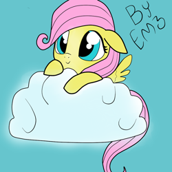 Size: 2400x2400 | Tagged: safe, artist:em3darck, fluttershy, pegasus, pony, cloud, cute, female, filly, floppy ears, shyabetes, smiling, solo