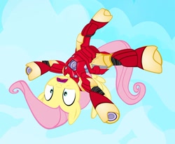 Size: 900x741 | Tagged: safe, artist:pixelkitties, fluttershy, pegasus, pony, armor, avengers, clothes, falling, female, iron man, iron mare, mare, marvel, solo, suit, superhero