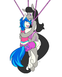 Size: 640x800 | Tagged: safe, artist:rozga, dj pon-3, octavia melody, vinyl scratch, anthro, unguligrade anthro, clothes, eyes closed, open mouth, parachute, simple background, skydiving, transparent background, underhoof