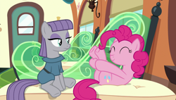 Size: 1920x1090 | Tagged: safe, screencap, maud pie, pinkie pie, earth pony, pony, rock solid friendship, cute, diapinkes, eyes closed, female, mare, sitting, smiling