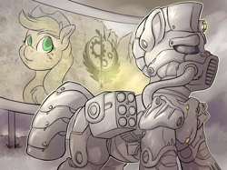 Size: 1280x958 | Tagged: safe, artist:hobbes-maxwell, applejack, oc, oc:steelhooves, earth pony, pony, fallout equestria, applejack's rangers, armor, fanfic, fanfic art, female, gun, hat, hooves, male, mare, ministry mares, ministry of wartime technology, poster, power armor, rocket launcher, solo, stallion, steel ranger, twilight sparkle's secret shipfic folder, weapon