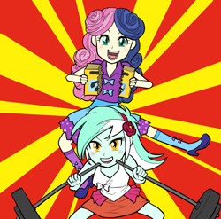 Size: 839x828 | Tagged: safe, artist:amida murasaki, bon bon, lyra heartstrings, sweetie drops, all's fair in love and friendship games, equestria girls, friendship games, life is a runway, rainbow rocks, barbell, phone book, pixiv, weight lifting, yellow pages