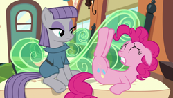 Size: 1920x1090 | Tagged: safe, screencap, maud pie, pinkie pie, earth pony, pony, rock solid friendship, clothes, female, mare, out of context, siblings, sisters