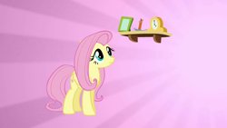 Size: 1280x720 | Tagged: safe, screencap, fluttershy, pegasus, pony, stare master, hush now quiet now, solo, sunburst background