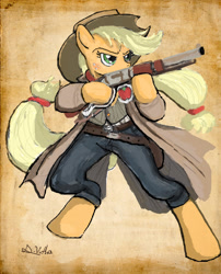 Size: 1700x2102 | Tagged: safe, artist:thelivingshadow, applejack, anthro, unguligrade anthro, clothes, gun, holster, lever action rifle, rifle, solo, weapon, winchester 1873