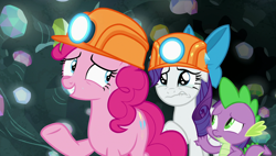 Size: 1920x1090 | Tagged: safe, screencap, pinkie pie, rarity, spike, dragon, earth pony, pony, unicorn, rock solid friendship, cave, crying, gem, gem cave, helmet, lip quiver, mining helmet, sweat, teary eyes