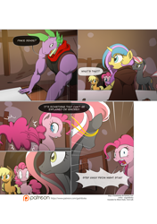 Size: 3541x5016 | Tagged: safe, artist:gashiboka, applejack, pinkie pie, spike, oc, oc:gold lily, oc:night star, dragon, earth pony, pony, unicorn, comic:recall the time of no return, comic, older, older spike, patreon, patreon logo, pinkie sense