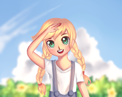 Size: 1280x1024 | Tagged: safe, artist:gianghanz, applejack, human, cute, hatless, humanized, jackabetes, missing accessory, outdoors, solo