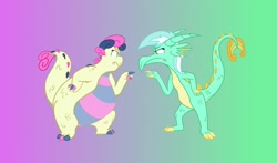 Size: 1280x754 | Tagged: safe, artist:catstuxedo, edit, bon bon, lyra heartstrings, sweetie drops, dragon, colored, dragonified, species swap, vector, vector edit