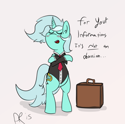 Size: 3402x3358 | Tagged: safe, artist:davierocket, lyra heartstrings, blushing, business suit, solo, suitcase, telling lies