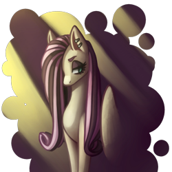 Size: 2000x2000 | Tagged: safe, artist:hikarie-katsura, fluttershy, pegasus, pony, ear piercing, emoshy, eyeshadow, female, hair over one eye, lidded eyes, looking back, makeup, mare, piercing, simple background, solo, transparent background