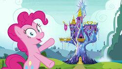 Size: 1920x1090 | Tagged: safe, screencap, pinkie pie, pony, rock solid friendship, pointing, solo, twilight's castle