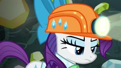 Size: 1920x1080 | Tagged: safe, screencap, rarity, pony, unicorn, dragon dropped, gem cave, helmet, mining helmet, solo