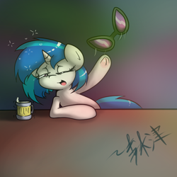 Size: 1000x1000 | Tagged: safe, artist:lightningnickel, dj pon-3, vinyl scratch, pony, unicorn, cute, drunk, frog (hoof), solo, underhoof, vinylbetes