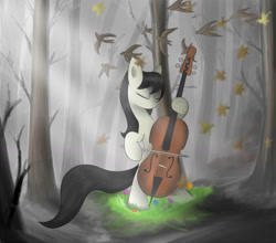 Size: 1500x1321 | Tagged: safe, artist:irigulus, octavia melody, bird, earth pony, pony, bipedal, cello, forest, gray, leaves, musical instrument, solo