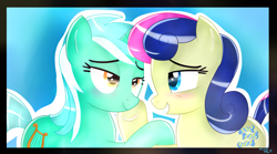 Size: 5409x3000 | Tagged: safe, artist:mixiepie, bon bon, lyra heartstrings, sweetie drops, slice of life (episode), absurd resolution, bedroom eyes, best friends, blushing, female, lesbian, lyrabon, shipping