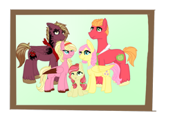 Size: 1500x1000 | Tagged: safe, artist:blondebrony, big macintosh, fluttershy, oc, oc:apple aday, oc:bright apple, oc:pink petals, pegasus, pony, alternate hairstyle, family photo, female, filly, fluttermac, male, shipping, straight