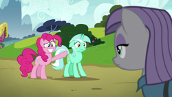 Size: 1920x1090 | Tagged: safe, screencap, lyra heartstrings, maud pie, pinkie pie, earth pony, pony, rock solid friendship, pointing, uncomfortable