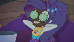 Size: 1920x1080 | Tagged: safe, screencap, rarity, better together, choose your own ending, equestria girls, inclement leather, inclement leather: applejack, arm behind back, armpits, cucumber, female, food, mud mask, solo