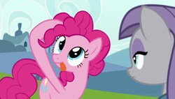 Size: 1920x1090 | Tagged: safe, screencap, maud pie, pinkie pie, pony, rock solid friendship, silly, silly pony, tongue out