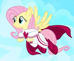 Size: 1000x823 | Tagged: safe, artist:pixelkitties, fluttershy, pegasus, pony, boots, canada, canada day, canadian, cape, clothes, costume, female, flying, mare, shoes, solo, superhero