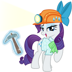 Size: 3200x3200 | Tagged: safe, artist:cheezedoodle96, rarity, pony, unicorn, dragon dropped, .svg available, bow, bowtie, clothes, female, helmet, looking at you, magic, magic aura, mare, mining helmet, necktie, open mouth, pickaxe, raised eyebrow, raised hoof, shirt, simple background, solo, svg, telekinesis, transparent background, vector