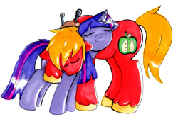 Size: 1024x688 | Tagged: safe, artist:lolly-pop-girl732, derpibooru import, big macintosh, twilight sparkle, earth pony, pony, affection, cute, hug, male, shipping, stallion, straight, traditional art, twimac