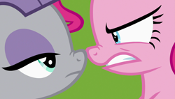 Size: 1920x1090 | Tagged: safe, screencap, maud pie, pinkie pie, earth pony, pony, rock solid friendship, angry, boop, duo, female, mare, maud being maud, noseboop, siblings, sisters