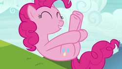 Size: 1920x1090 | Tagged: safe, screencap, pinkie pie, pony, rock solid friendship, legs in air, solo