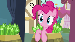 Size: 1920x1090 | Tagged: safe, screencap, pinkie pie, pony, rock solid friendship, asparagus, barrel, solo