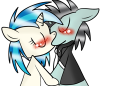 Size: 1024x704 | Tagged: safe, artist:digital-pony-artist, dj pon-3, neon lights, rising star, vinyl scratch, pony, unicorn, blushing, eyes closed, female, kissing, male, shipping, straight, vinylights