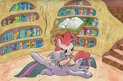 Size: 1008x668 | Tagged: safe, artist:kittyhawk-contrail, derpibooru import, pinkie pie, twilight sparkle, twilight sparkle (alicorn), alicorn, earth pony, pony, female, golden oaks library, mare, tickling, ticklish wings, traditional art