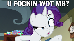 Size: 1920x1080 | Tagged: safe, edit, edited screencap, screencap, rarity, pony, unicorn, dragon dropped, season 9, caption, image macro, meme, solo, text, u wot m8, vulgar