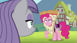 Size: 1920x1090 | Tagged: safe, screencap, maud pie, pinkie pie, pony, rock solid friendship, pizza head, pizza pie, raised eyebrow