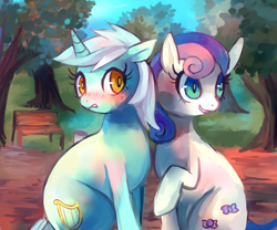 Size: 1280x1067 | Tagged: safe, artist:cherivinca, bon bon, lyra heartstrings, sweetie drops, earth pony, pony, unicorn, bench, blushing, female, lesbian, lyrabon, shipping