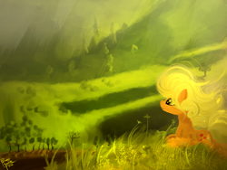 Size: 2000x1500 | Tagged: safe, artist:pedrohander, applejack, earth pony, pony, missing accessory, prone, scenery, solo, windswept mane