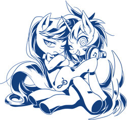 Size: 559x526 | Tagged: safe, artist:megarexetera, dj pon-3, octavia melody, vinyl scratch, earth pony, pony, frown, grin, looking at you, monochrome, simple background, smiling, white background, wink