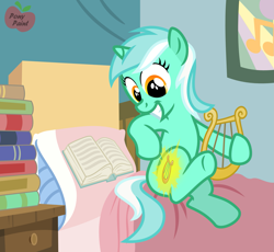 Size: 1743x1602 | Tagged: safe, artist:pony-paint, lyra heartstrings, pony, unicorn, bed, book, cutiespark, filly, grin, lyre, show accurate, smiling, solo, younger