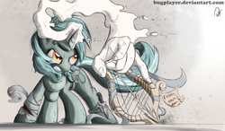 Size: 2000x1171 | Tagged: safe, artist:bugplayer, lyra heartstrings, pony, unicorn, arrow, bandage, female, gritted teeth, hand, injured, knife, lyre, magic, mare, sheet music, solo