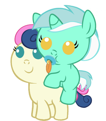 Size: 836x957 | Tagged: safe, artist:red4567, bon bon, lyra heartstrings, sweetie drops, pony, adorabon, baby, baby pony, best friends, cute, lyrabetes, ponies riding ponies, recolor, weapons-grade cute