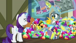 Size: 1920x1080 | Tagged: safe, screencap, gabby, rarity, griffon, pony, unicorn, dragon dropped, comic book, female, gem, magic, mare, quadrupedal