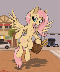 Size: 1750x2100 | Tagged: safe, artist:orang111, fluttershy, pegasus, pony, basket, bmw, bmw x5, bread, car, daf, daf xf105, female, food, house, kia, kia optima, scenery, solo, spread wings, street, town, tree, truck, wings