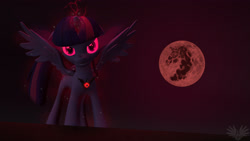 Size: 2560x1440 | Tagged: safe, artist:drweegee1337, derpibooru import, twilight sparkle, twilight sparkle (alicorn), alicorn, pony, 3d, alicorn amulet, evil twilight, female, glowing eyes, magic, mare, mare in the moon, moon, solo, source filmmaker