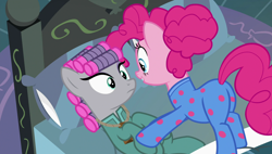 Size: 1920x1090 | Tagged: safe, screencap, maud pie, pinkie pie, pony, rock solid friendship, bed, clothes, female, hair curlers, mare, pajamas, plot