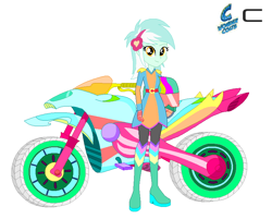 Size: 810x652 | Tagged: safe, artist:karalovely, lyra heartstrings, equestria girls, friendship games, background human, female, headphones, motorcross, motorcycle, simple background, solo, white background, wondercolts