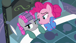 Size: 1920x1090 | Tagged: safe, screencap, maud pie, pinkie pie, pony, rock solid friendship, bed, clothes, hair curlers, pajamas