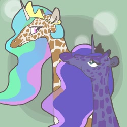 Size: 600x600 | Tagged: safe, artist:ume89s, princess celestia, princess luna, giraffe, crown, female, giraffelestia, giraffied, jewelry, regalia, species swap