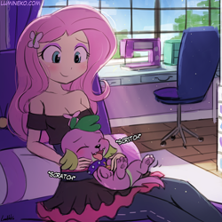 Size: 750x750 | Tagged: safe, artist:lumineko, fluttershy, spike, spike the regular dog, dog, dance magic, equestria girls, spoiler:eqg specials, bed, bellyrubs, blushing, breasts, caress, chair, cleavage, clothes, cute, descriptive noise, duo, eyes closed, female, flutterspike, male, off shoulder, onomatopoeia, open mouth, pants, scratching, sewing machine, shipping, shyabetes, skirt, smiling, spikabetes, spike the dog, spikelove, straight, tongue out, window